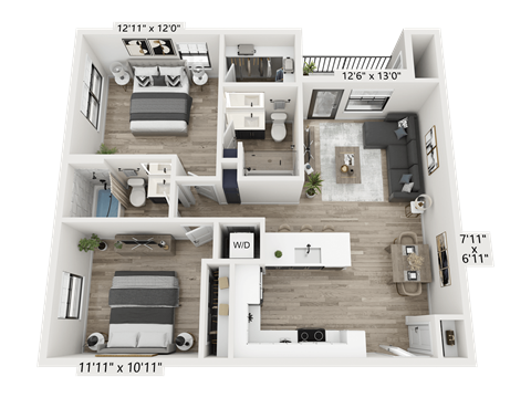 Floor plan for 2 beds, 2 baths, 971 sqft